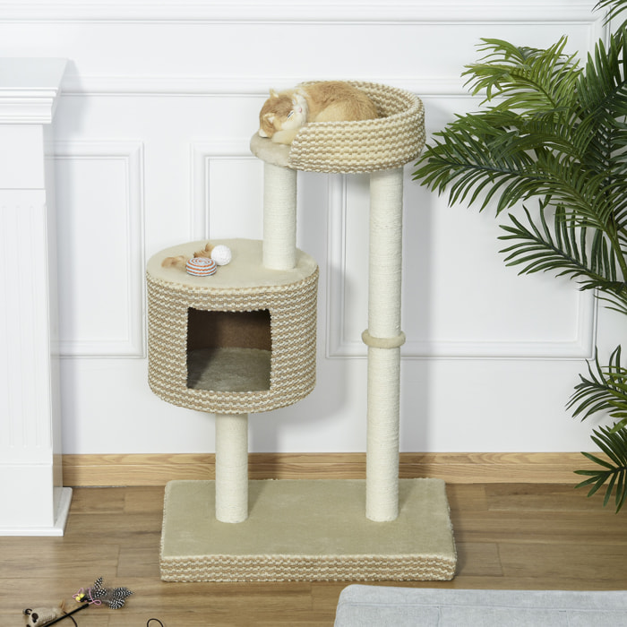 Arbre à chats style cosy chic griffoirs jute naturelle niche plateforme peluche courte bicolore beige café