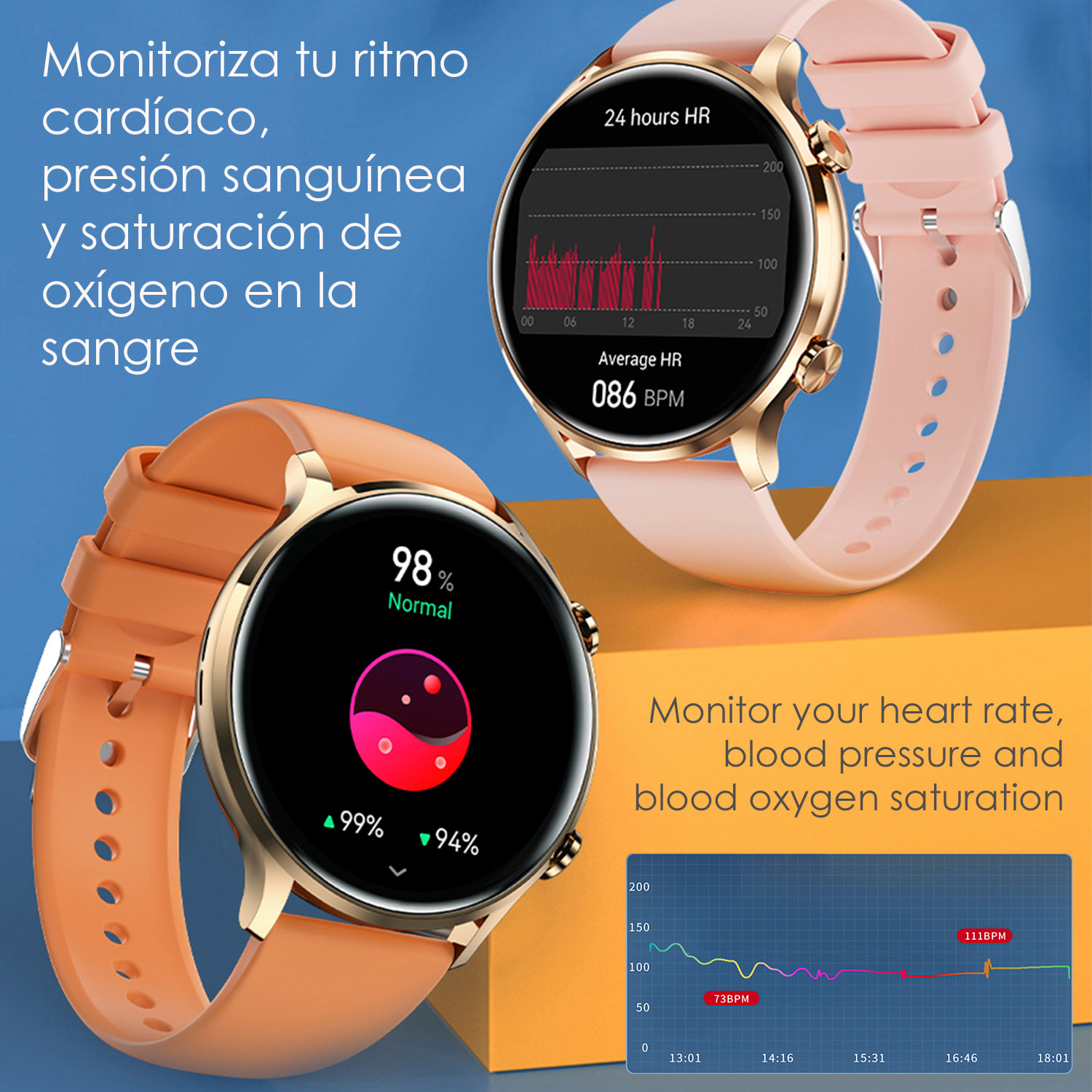 DAM Smartwatch QS40 con llamadas Bluetooth, notificaciones push. Múltiples modos deportivos, monitores de salud. 4,4x1,05x3,7 Cm. Color: Naranja