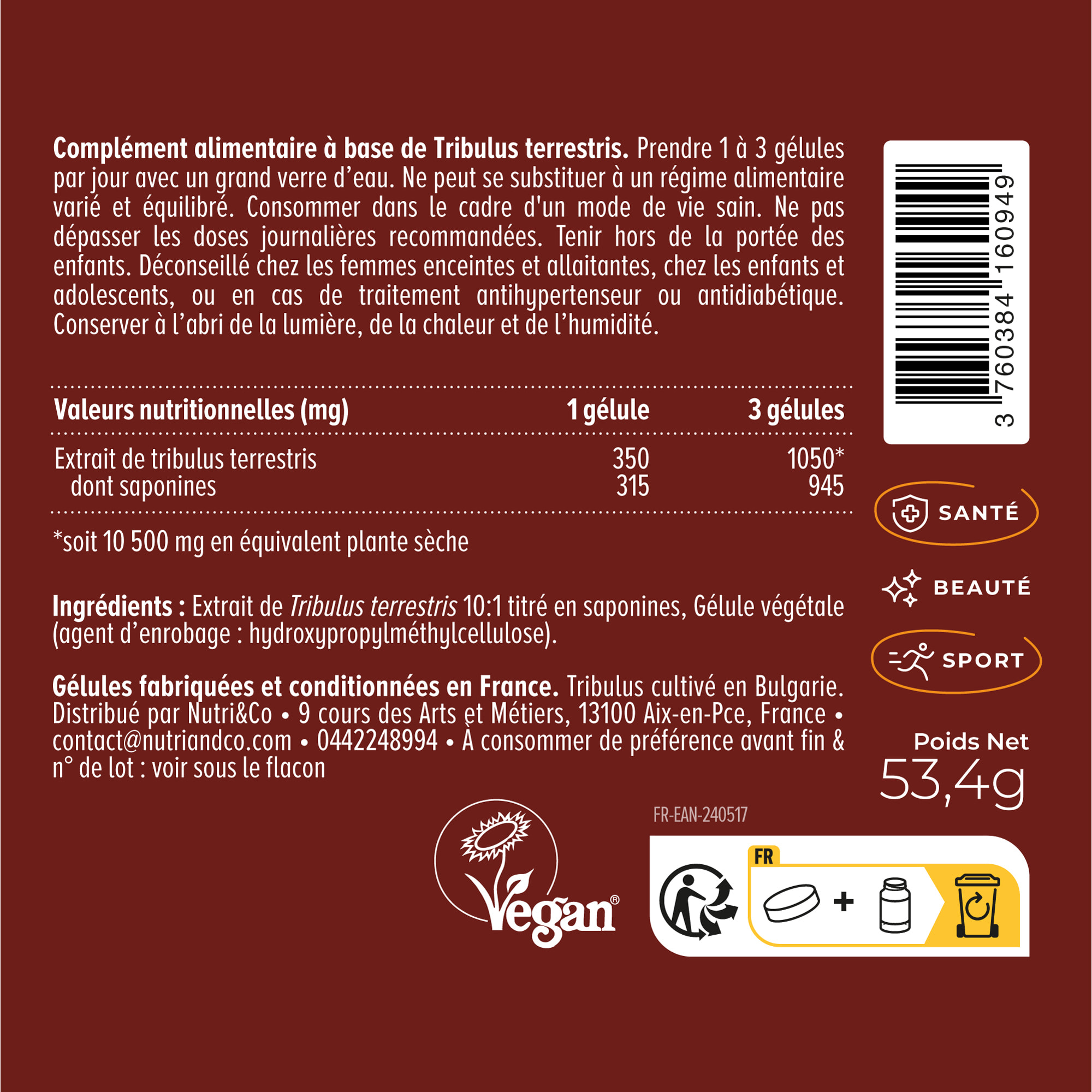 Nutri&Co Tribulus Terrestris - Extrait 100% Naturel concentré 10:1 - 120 gélules Vegan