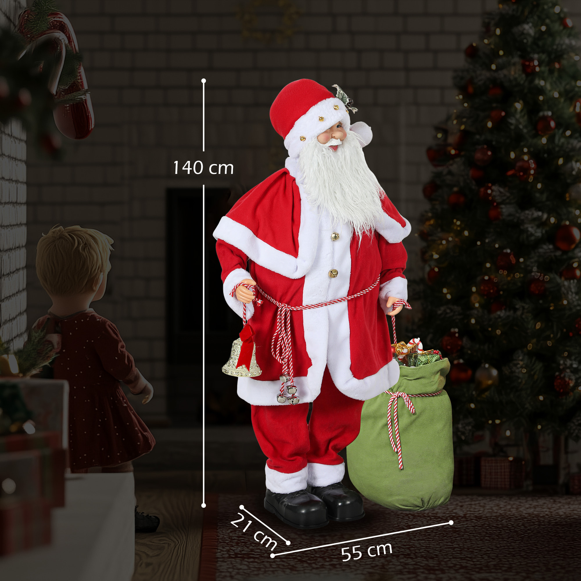 Figurine de Père Noël debout H.140 cm hotte cloche effets sonores mouvements