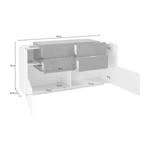 Credenza moderna a 2 ante e 4 cassetti, Made in Italy, Madia da cucina, Buffet di design da soggiorno, cm 160x45h86, colore Bianco lucido e Grigio Ardesia