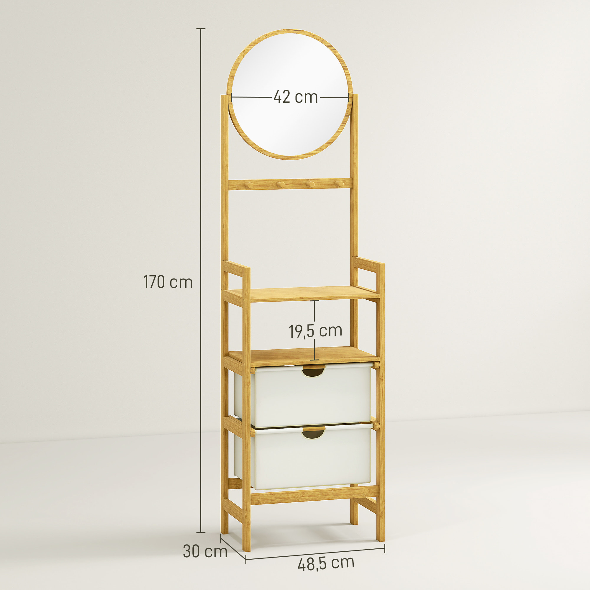 Estantería de Baño de Bambú con Espejo Estantería de Almacenaje con 4 Ganchos 2 Estantes Abiertos y 2 Cajones de Tela para Cocina Baño Salón 48,5x30x170 cm Natural