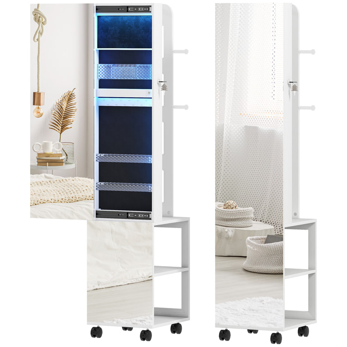 Armoire à bijoux LED miroir penderie multi-rangement 3 en 1 dim. 40 x 37 x 165 cm effet bois blanc