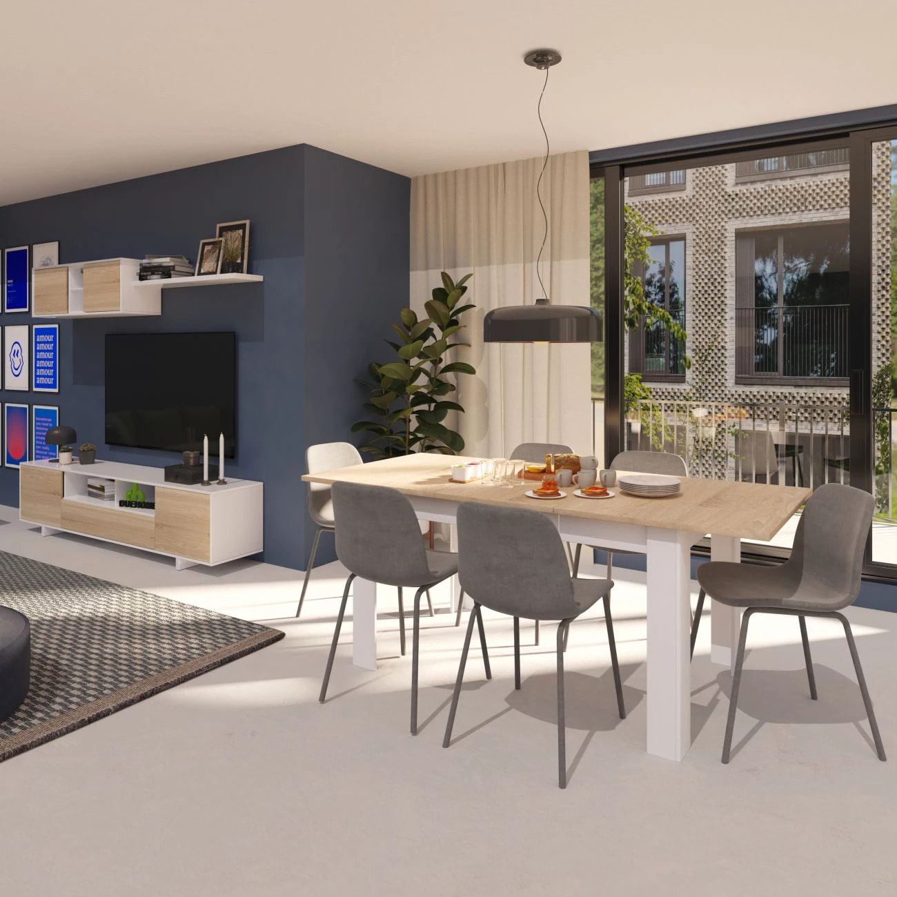 Pack salón con mesa de comedor Kenzo Plus VA Blanco Artik (Blanco Mate) - Roble Canadian