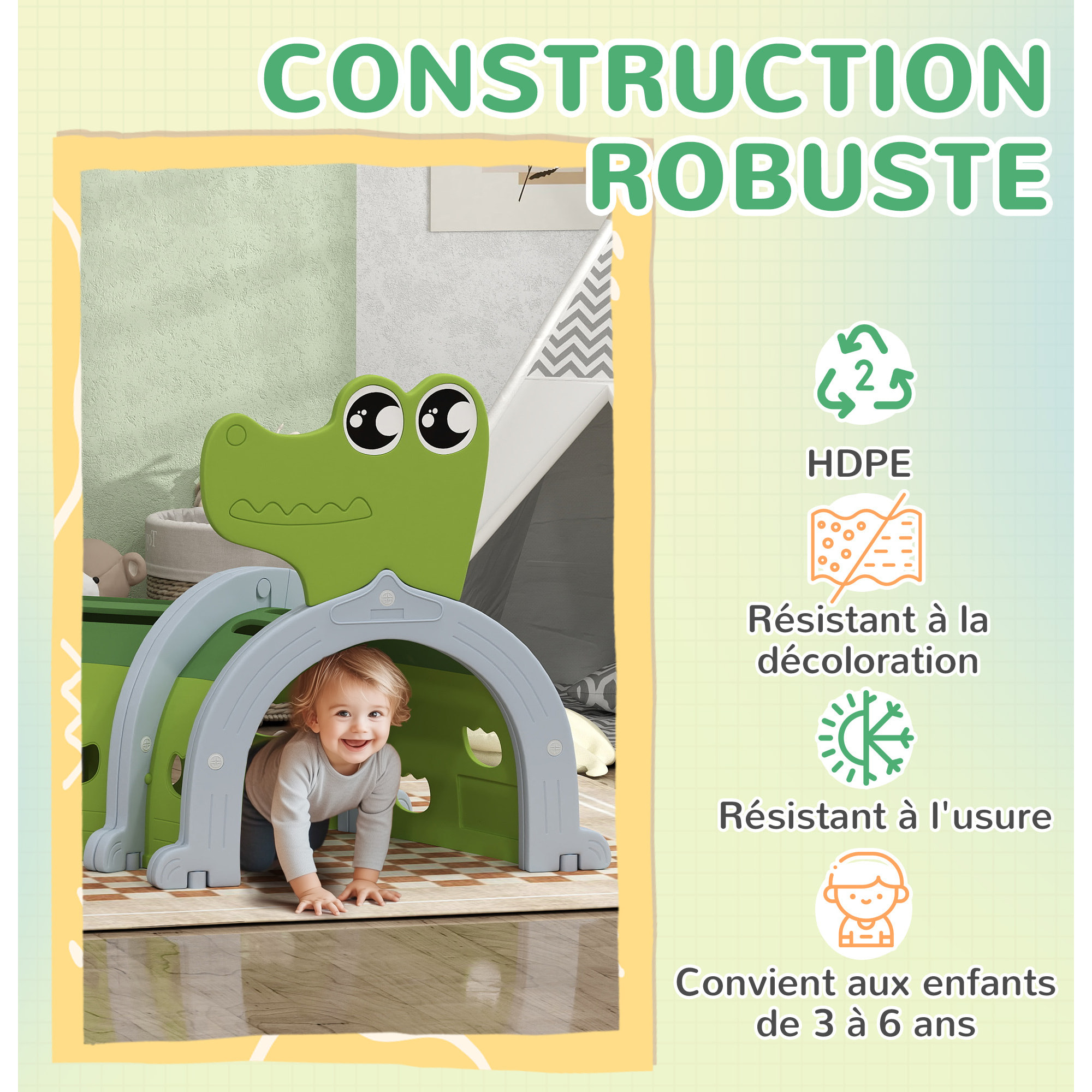 Tunnel de jeu pour enfants crocodile - parcours de motricité modulable - intérieur extérieur - gris vert