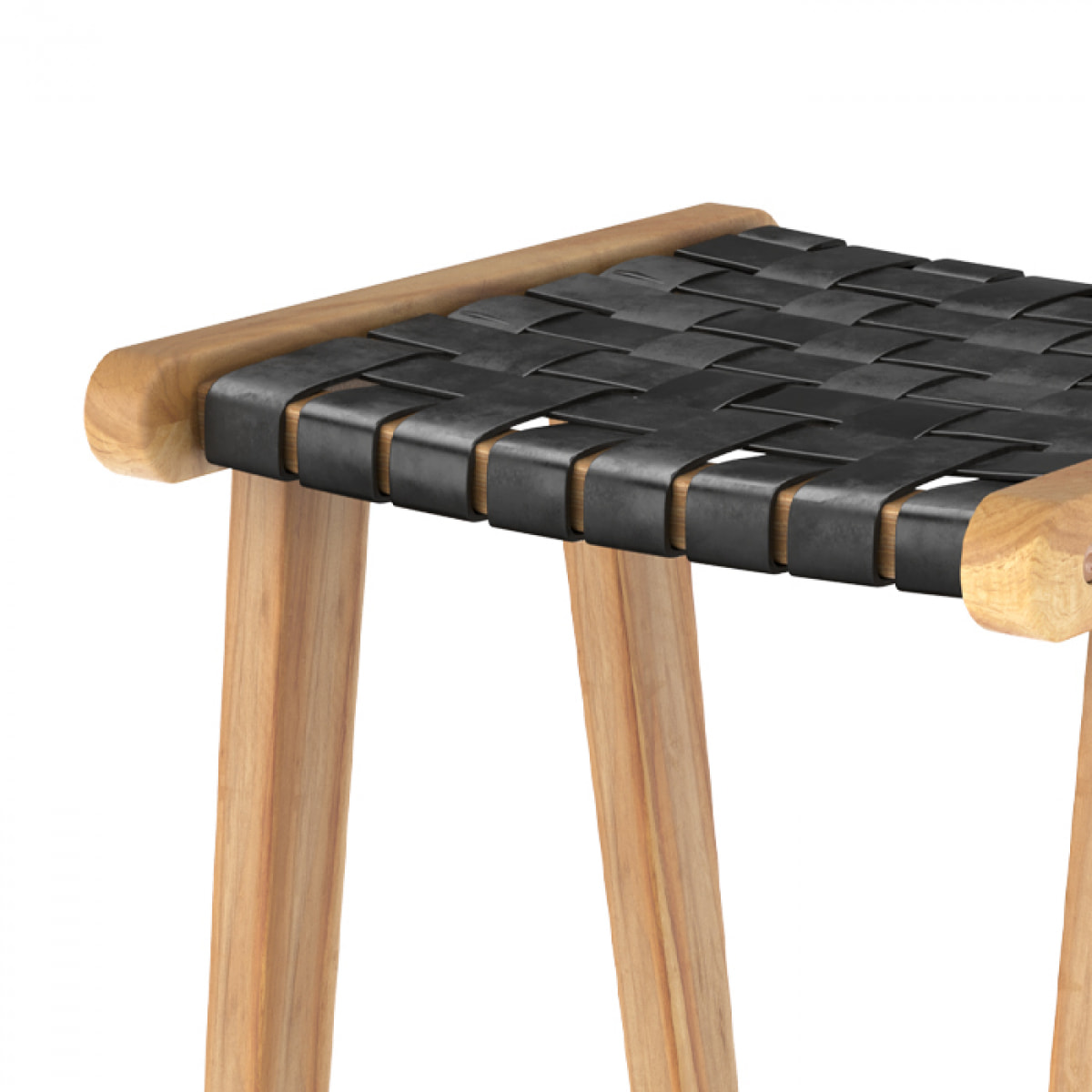 Tabouret pour îlot central 65 cm en teck et cuir tressé noir - Yuma