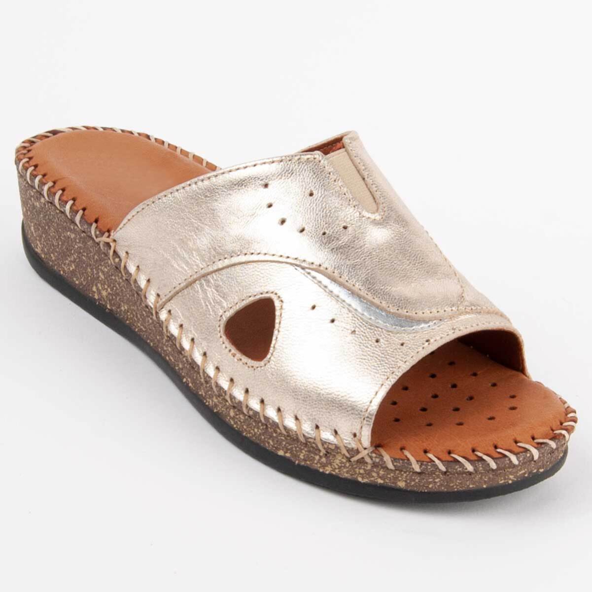 Sandalia De Cuña De Piel - Dorado - Altura: 4 Cm