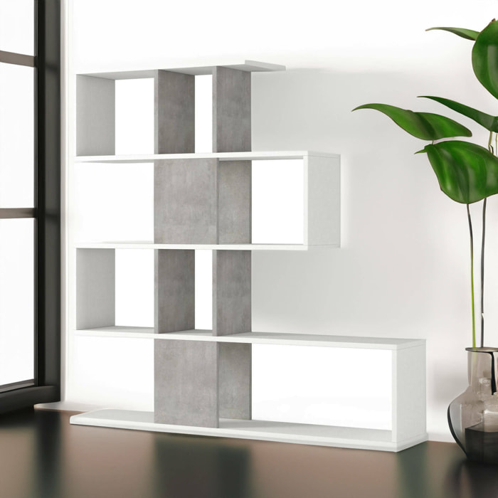 Libreria Allison, Biblioteca bifacciali a 5 ripiani, Scaffale a zig zag per libri, Mobile da parete con ripiani, 100% Made in Italy, 145x29h145 cm, Bianco e Cemento