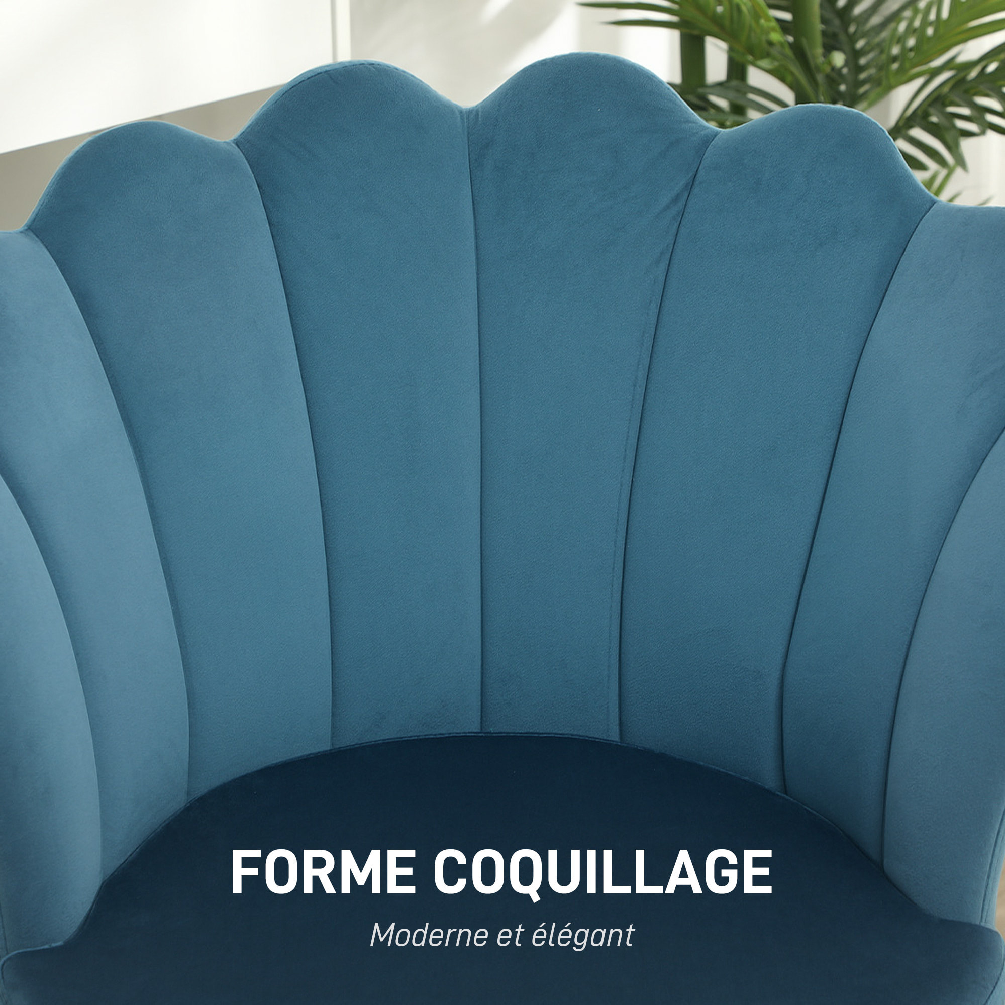 Chaise coquillage chaise design pieds métal dorés effilés velours bleu
