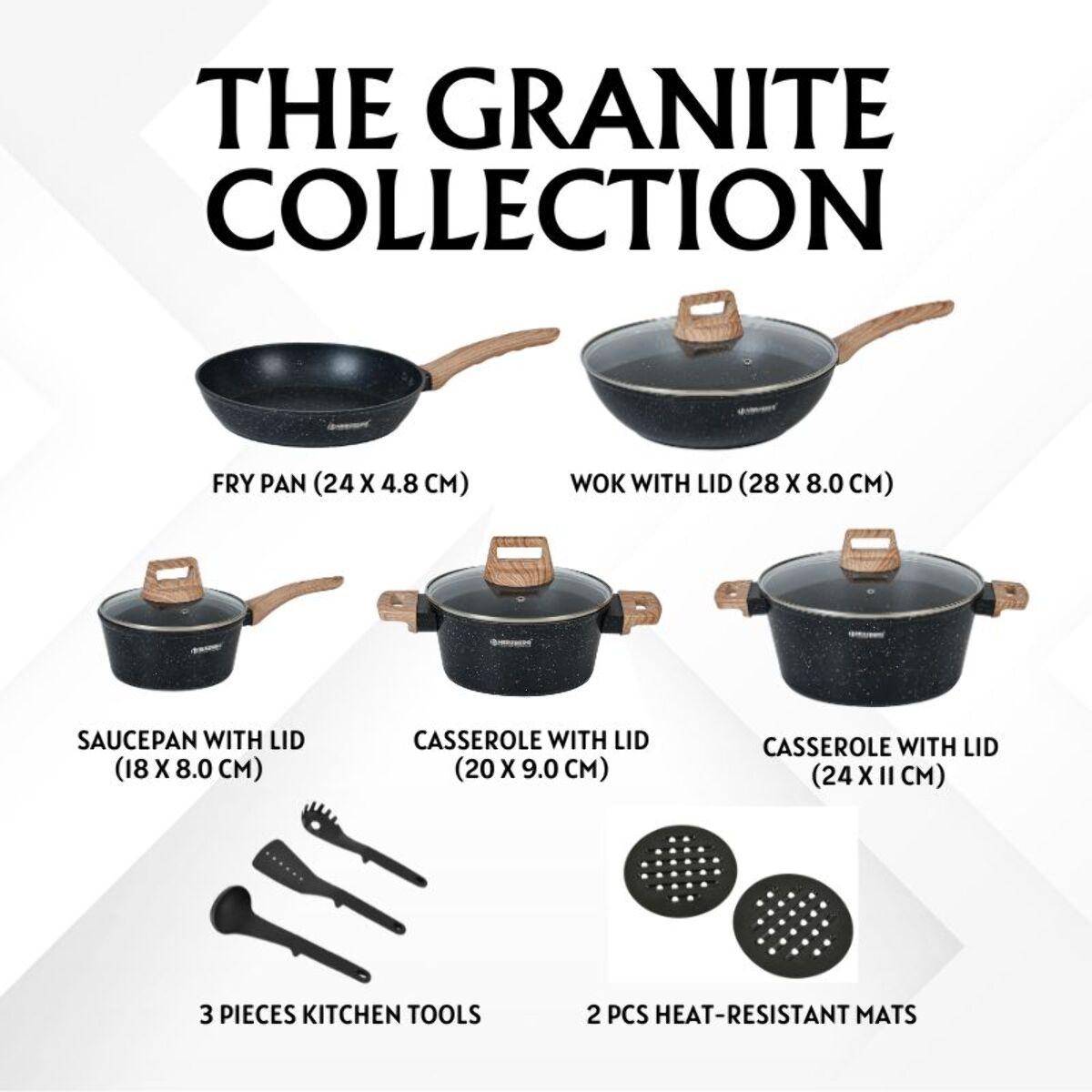 Batterie de cuisine 14 pièces avec revêtement en granit et manche en bois Noir Herzberg HGWDMRB14-BLK
