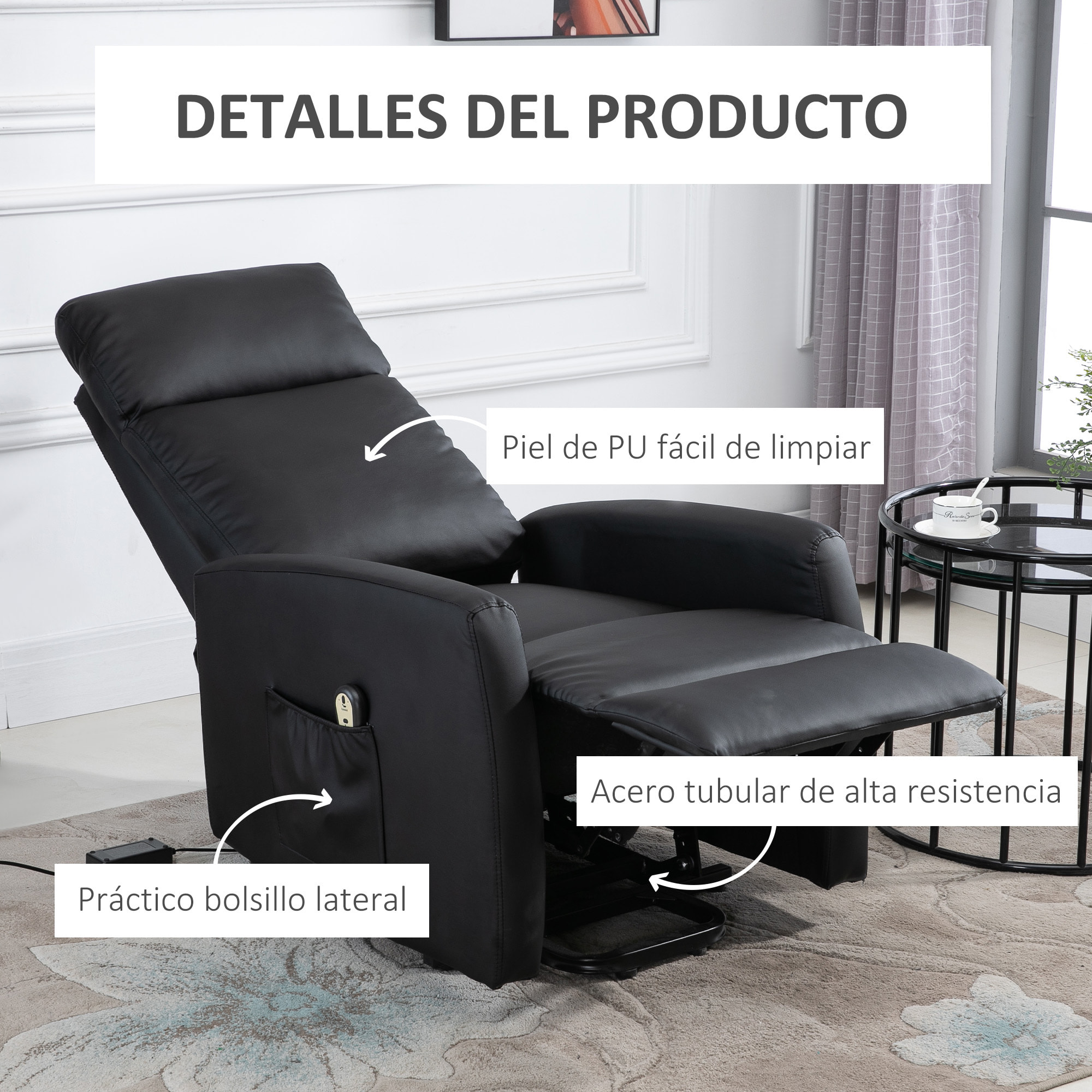 Sillón Levanta Personas Sillón Relax Eléctrico Sillón Elevador Reclinable 145° con Control Remoto Reposapiés para Personas Mayores 67x95x105 cm Negro