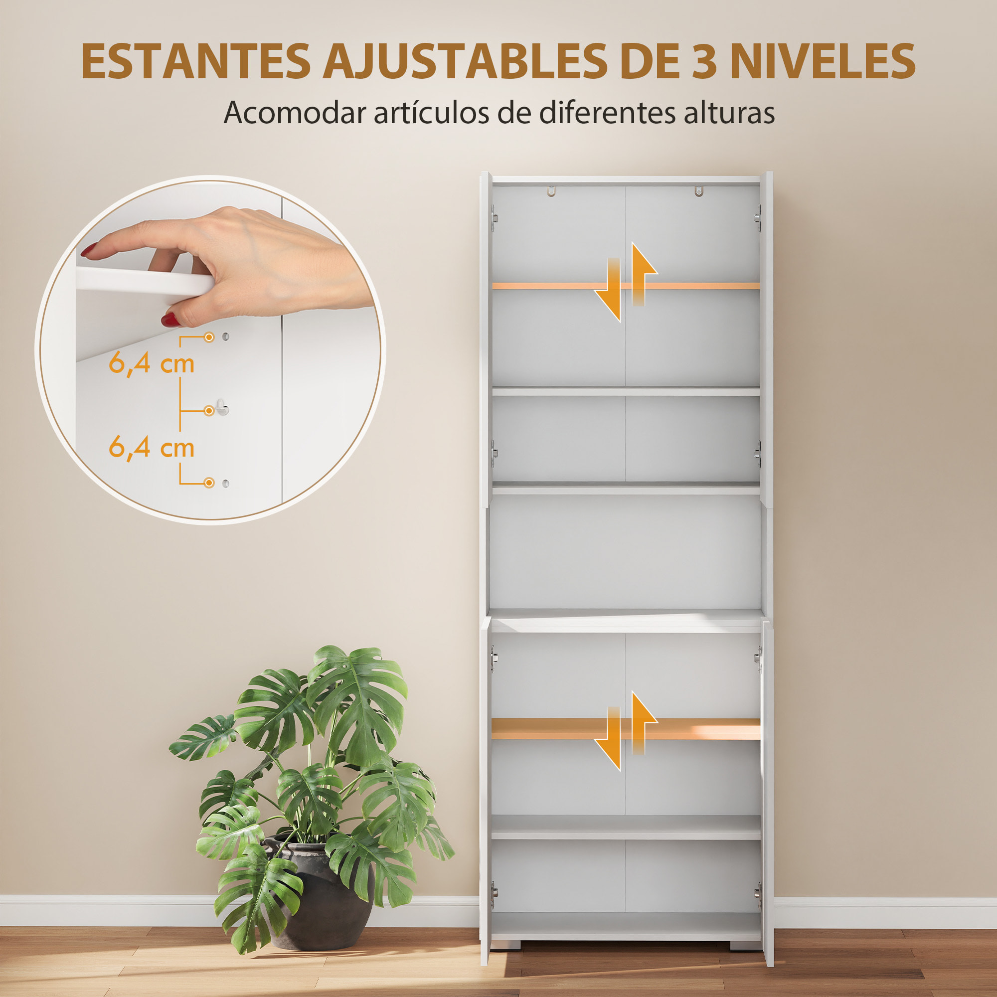 Alacena de Cocina, Mueble Auxiliar de Cocina con 4 Puertas, Compartimento Abierto, Estantes Ajustables, 68x34x180 cm, Blanco Brillo