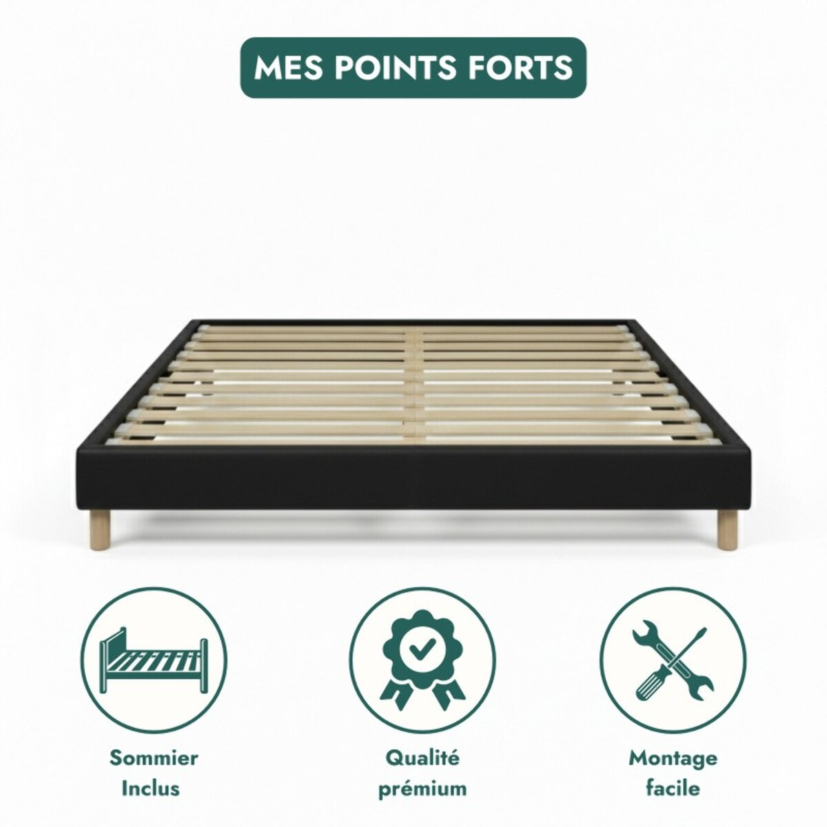 Lit Cancun | Cadre à lattes | Robustesse et confort | Montage simple rapide | Simili cuir | Noir
