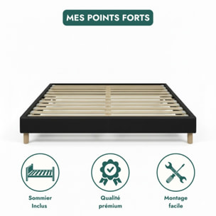 Lit Cancun | Cadre à lattes | Robustesse et confort | Montage simple rapide | Simili cuir | Noir