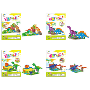 Pack de 4 puzles 3D para colorear de diferentes dinosaurios. Con un total de 51 piezas de cartón.