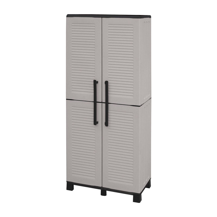 Armadio da esterno Askan, Armadio porta scope, Mobile outdoor 2 ante, 100% Made in Italy, 68x37h169 cm, Grigio chiaro e Nero, Finitura righe