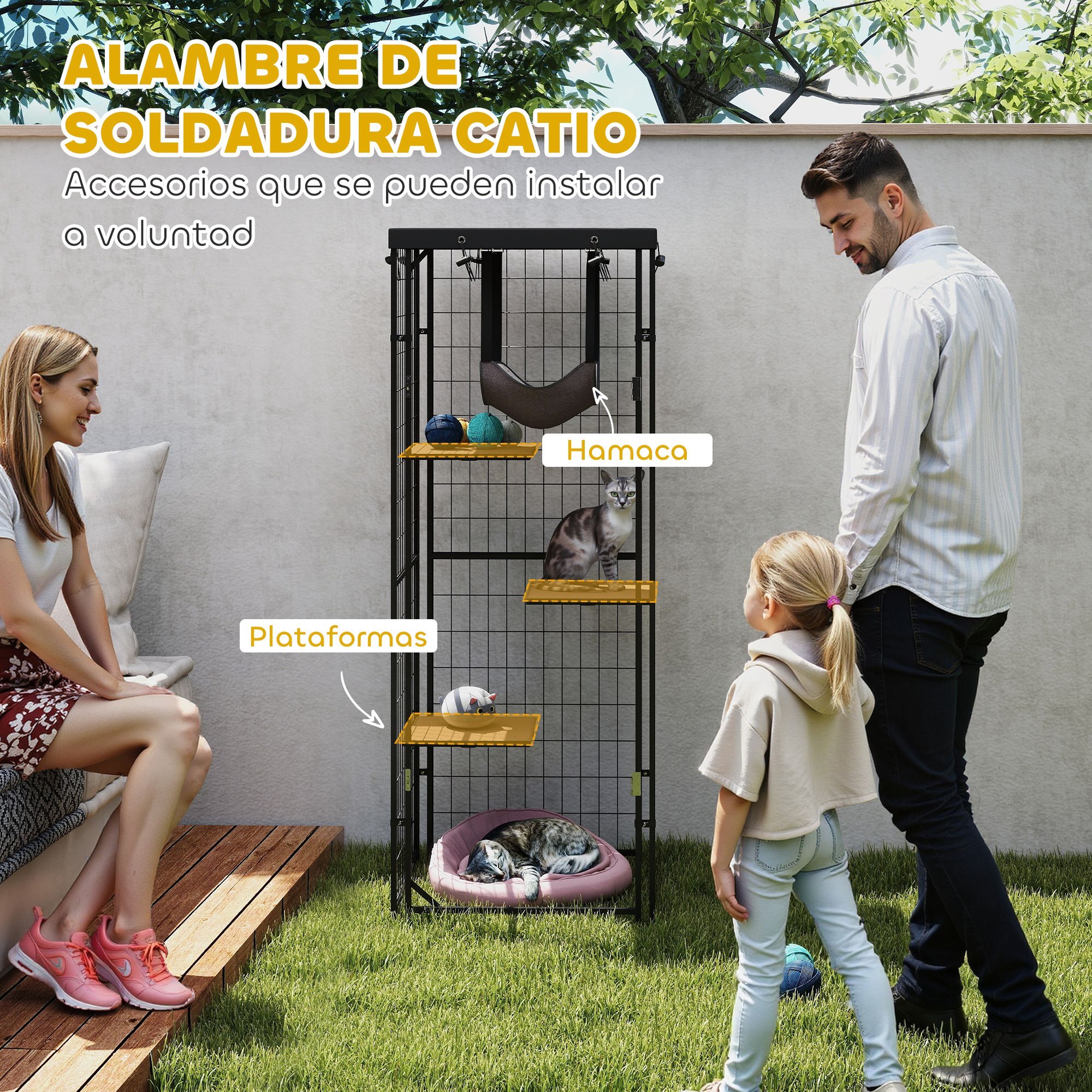 Jaula para Gatos para Exterior e Interior Recinto para Gatos con Cubierta Impermeable 3 Plataformas Hamaca Cojines y Puerta 61,5x55x157 cm Negro