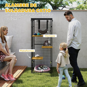 Jaula para Gatos para Exterior e Interior Recinto para Gatos con Cubierta Impermeable 3 Plataformas Hamaca Cojines y Puerta 61,5x55x157 cm Negro