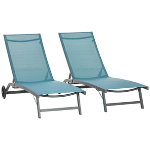 Pack de 2 Tumbonas de Jardín Exterior Tumbonas Reclinables de Aluminio con Respaldo Ajustable de 5 Niveles y Ruedas para Playa Piscina 165x66x102 cm Azul y Gris
