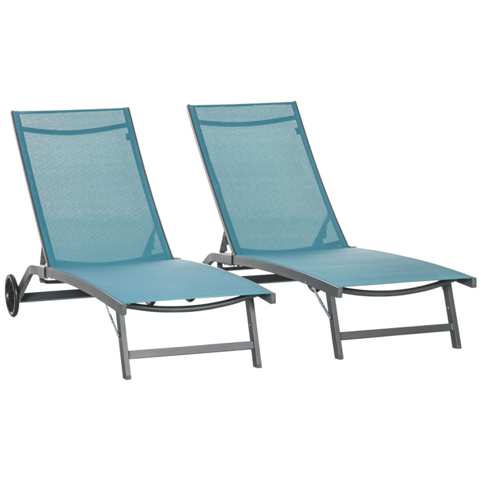 Pack de 2 Tumbonas de Jardín Exterior Tumbonas Reclinables de Aluminio con Respaldo Ajustable de 5 Niveles y Ruedas para Playa Piscina 165x66x102 cm Azul y Gris