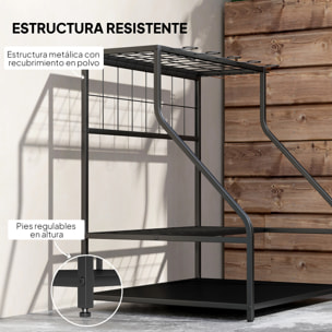 Organizador de Herramientas de Jardín, Estantería de Almacenamiento de 3 Niveles para Garaje con Ganchos, para Palas, Rastrillos, Escobas, Soporte de Metal