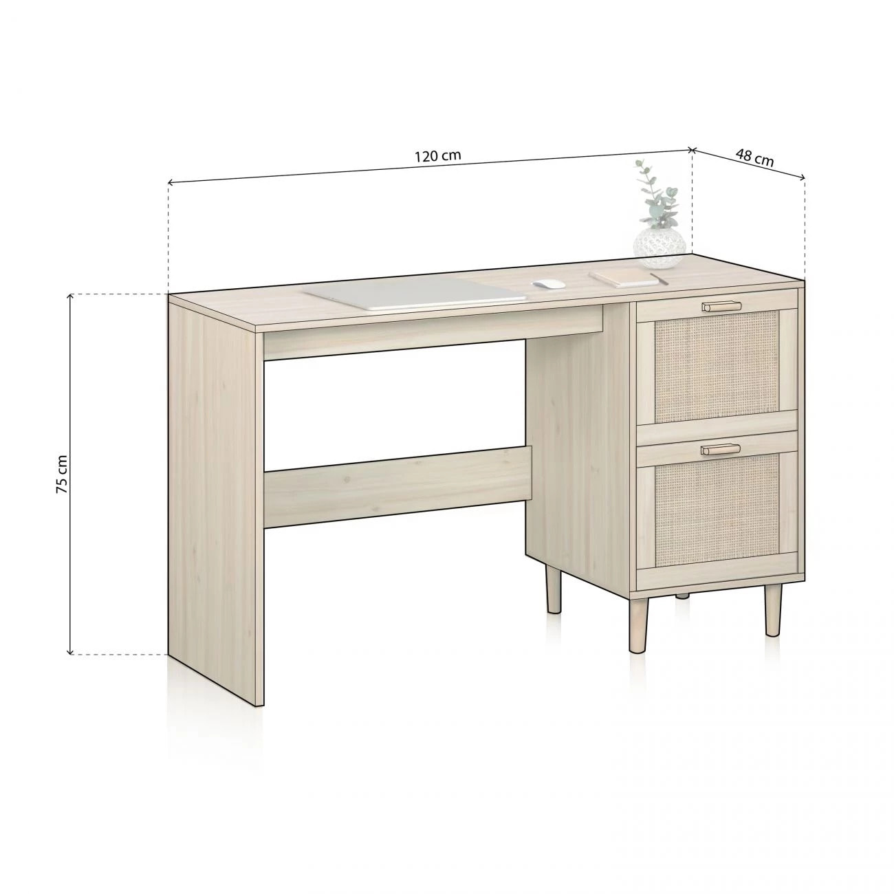Mesa de escritorio con 2 cajones en pino y rattán 120x48 cm Made Pino - Rattan