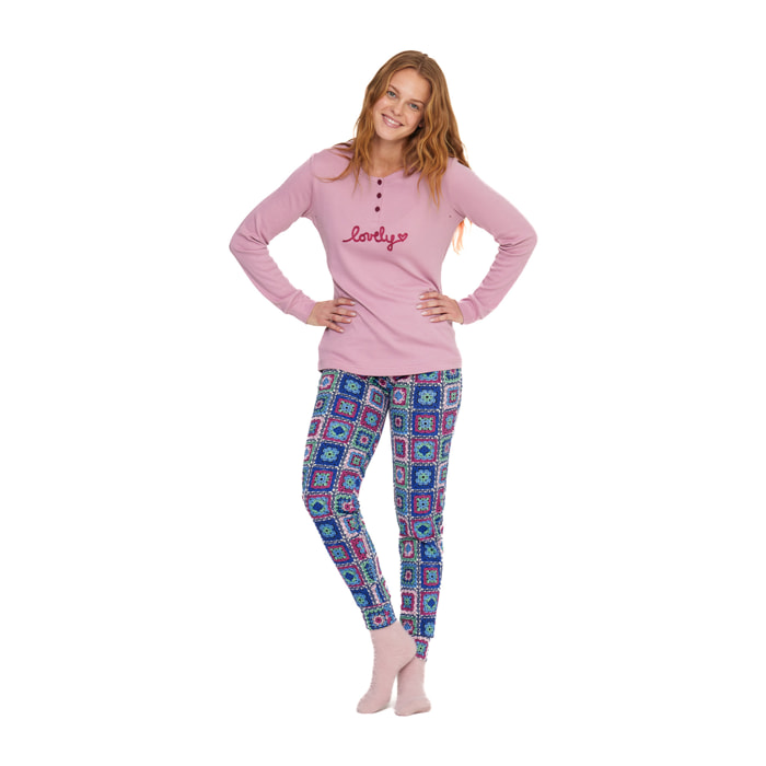 Pigiama donna folk in caldo cotone con collo a tre bottoni Noidinotte