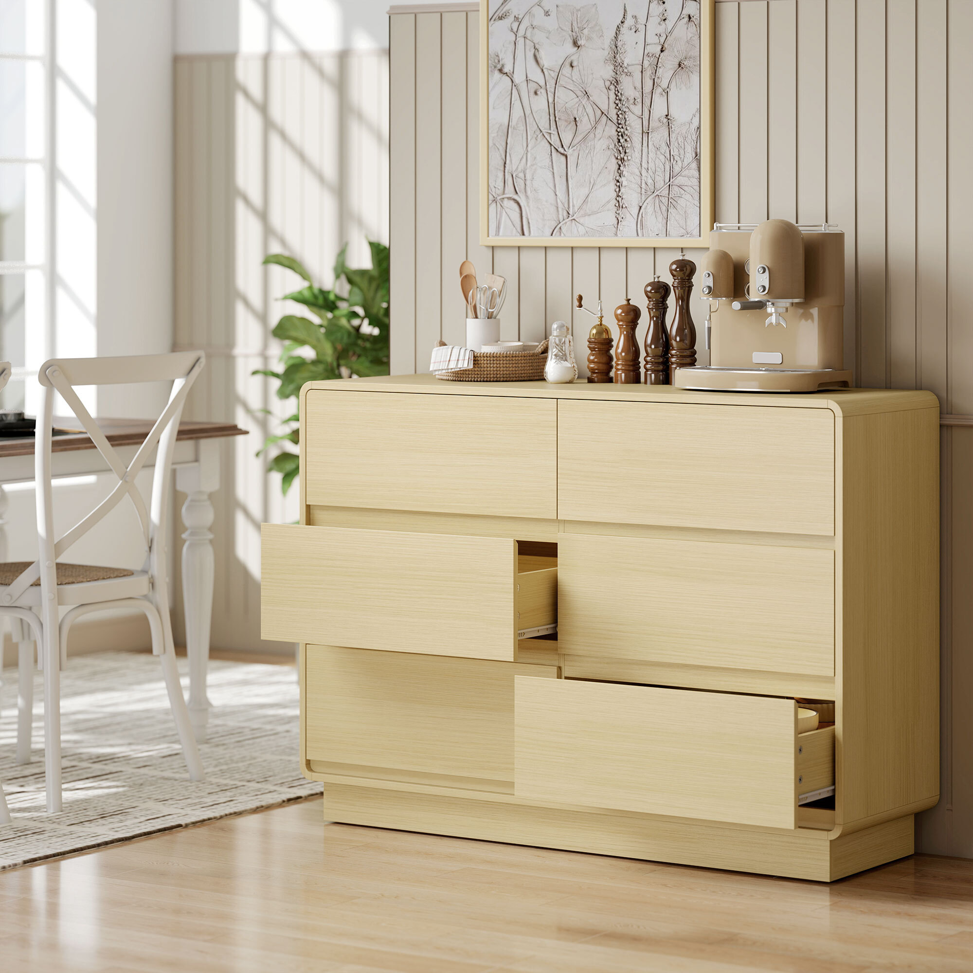 Aparador con 6 Cajones, Cajonera con Bordes Redondeados, Cómoda, Aparador para Salón, Cocina, Entrada, Oficina, Natural, 120x38x86 cm