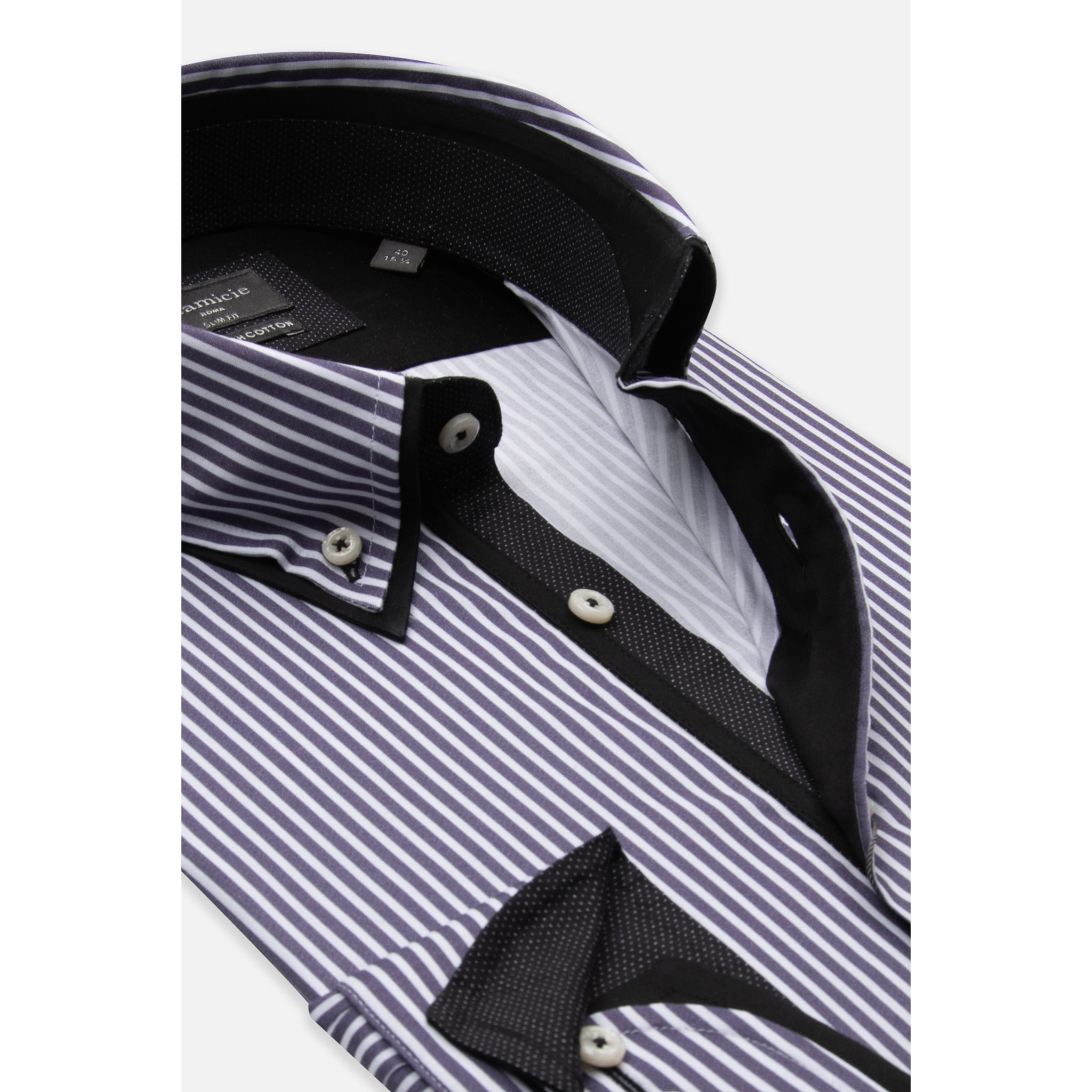 Camicia Uomo Botton Down Slim Popeline Stretch Riga Media bianco e viola melanzana