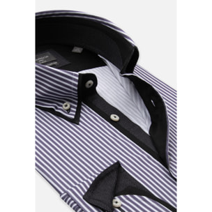 Camicia Uomo Botton Down Slim Popeline Stretch Riga Media bianco e viola melanzana