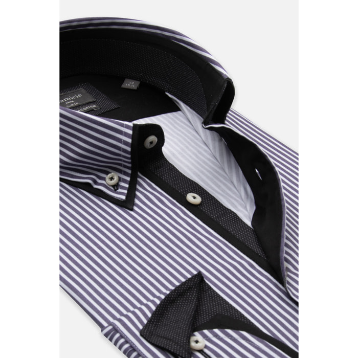Camicia Uomo Botton Down Slim Popeline Stretch Riga Media bianco e viola melanzana