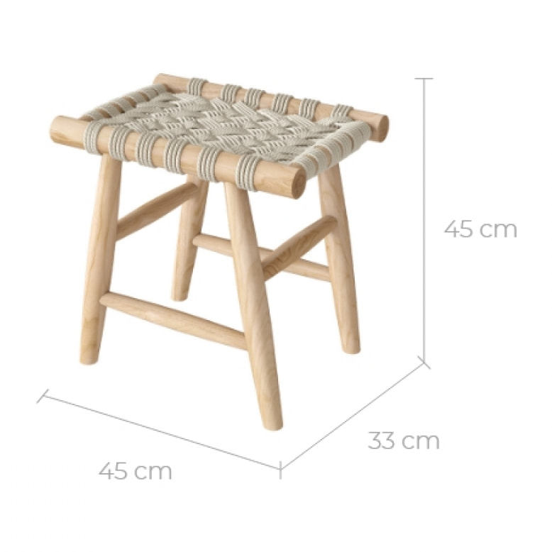 Tabouret tressé blanc en macramé et branche de teck - Kira