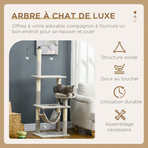 Arbre à chat griffoirs sisal naturel plateforme panier hamac boules suspendues et à ressort peluche gris clair