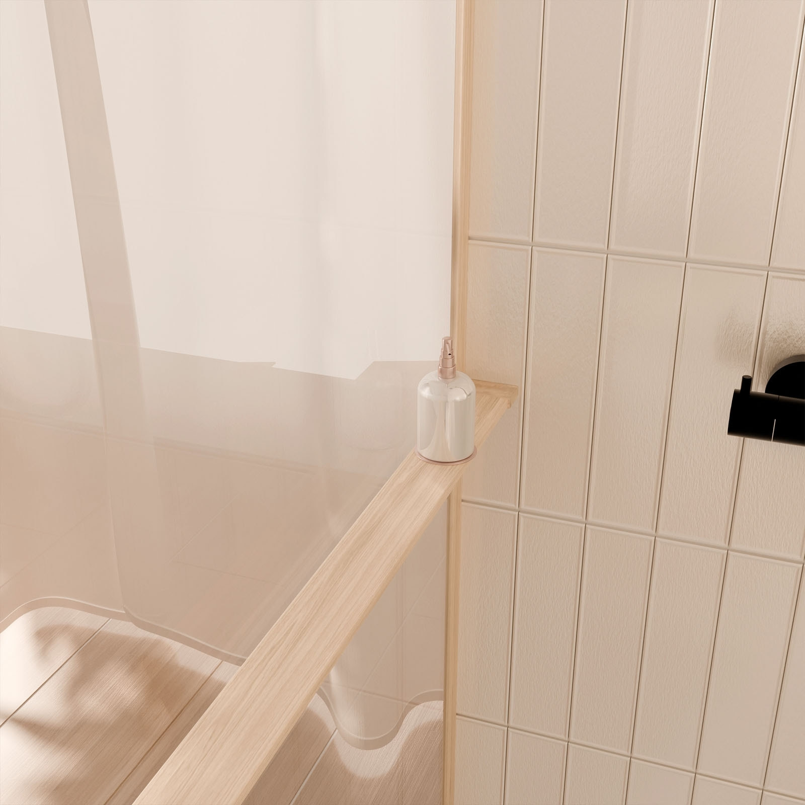 Paroi de douche 90x200cm - Cadre et étagère finition chêne clair - Verre 8mm anticalcaire - ETHAN