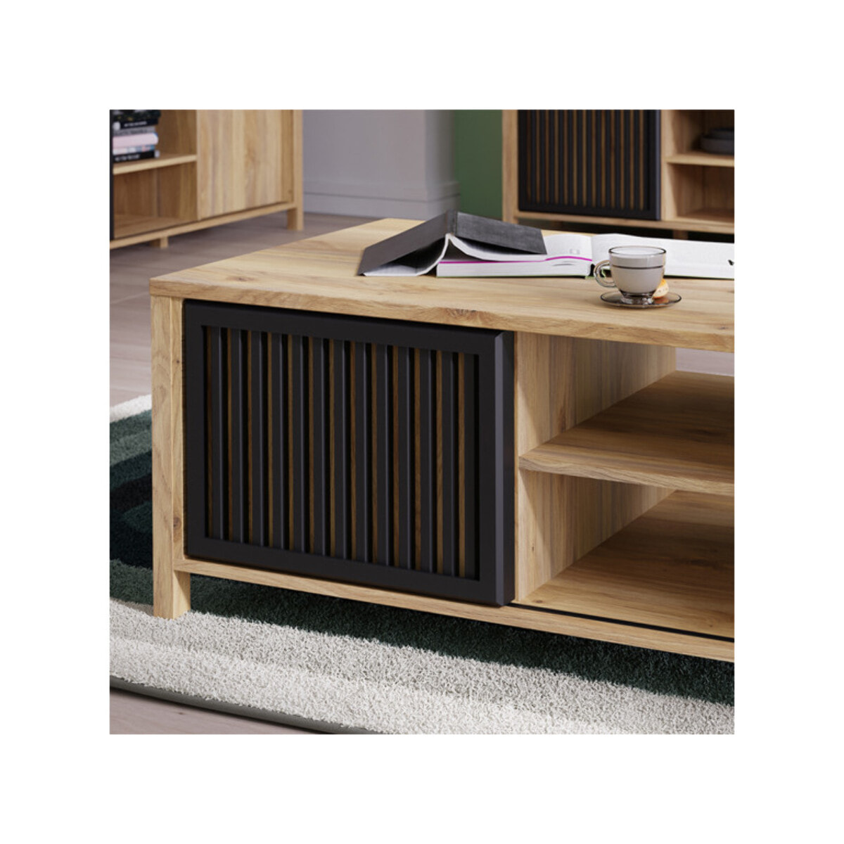 Table basse L106 cm 3 niches 1 porte décor bois chêne et noir - BOSTON