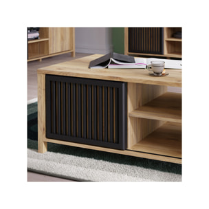 Table basse L106 cm 3 niches 1 porte décor bois chêne et noir - BOSTON