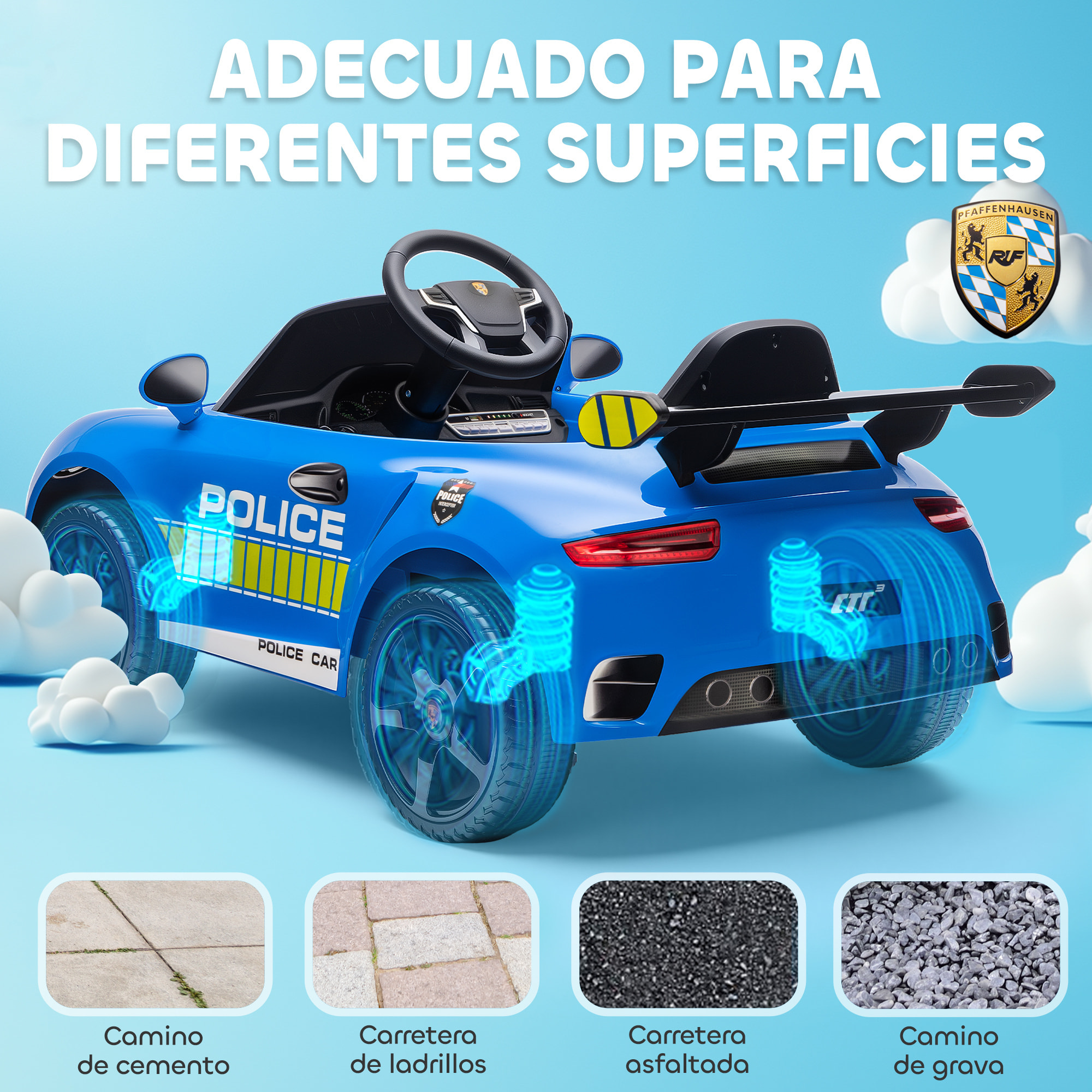 Coche Eléctrico para Niños con Licencia RUF CTR 3 Clubsport, Coche de Batería 12V con Mando a Distancia 2,4 G, Motor Doble, Música Inalámbrica, Sirena, Bocina, Ruedas Auxiliares y Faros, Azul