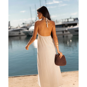 Vestido midi de punto con escote pico y cuello halter