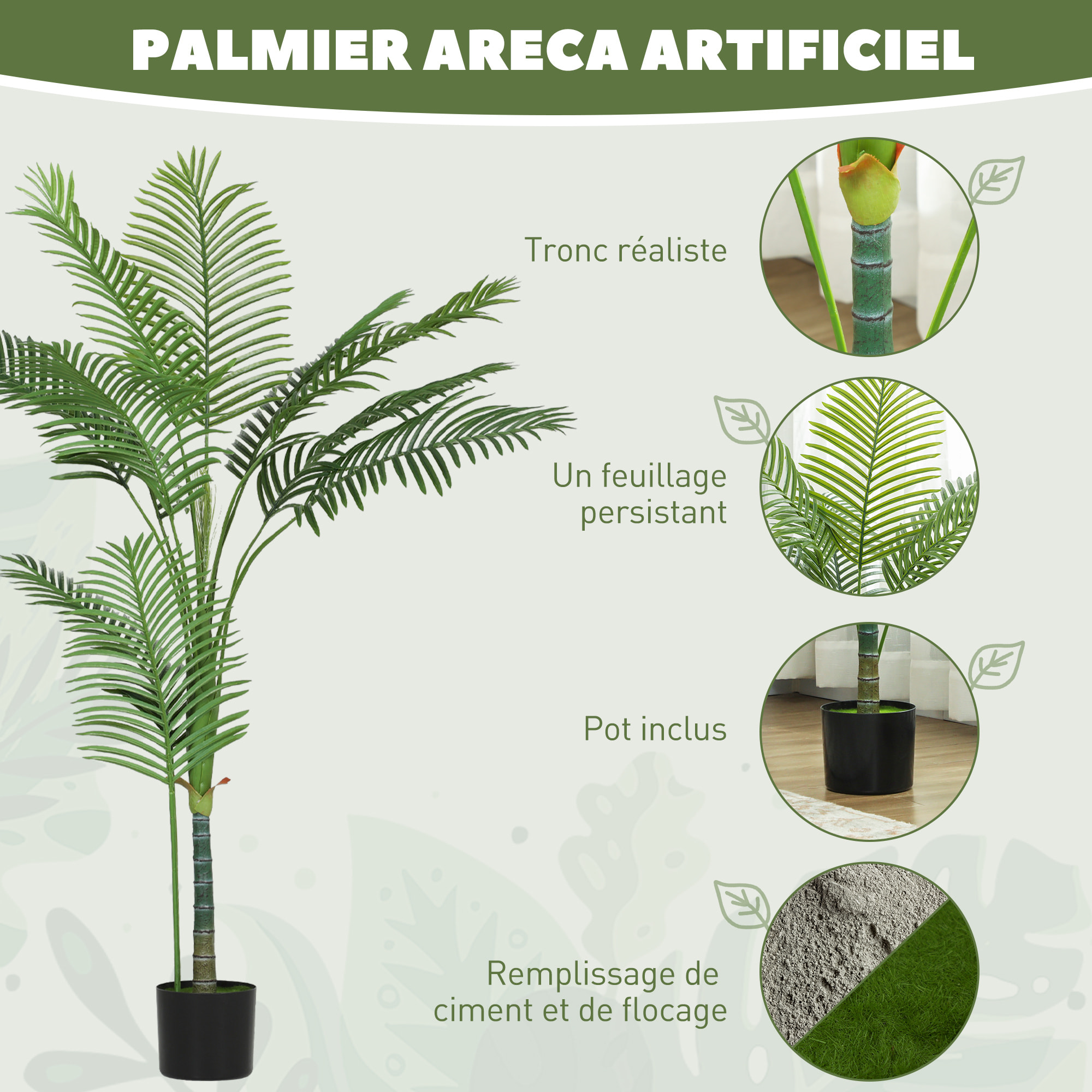 Plante artificielle intérieure palmier Areca H.150cm 11 feuilles grand réalisme PE vert