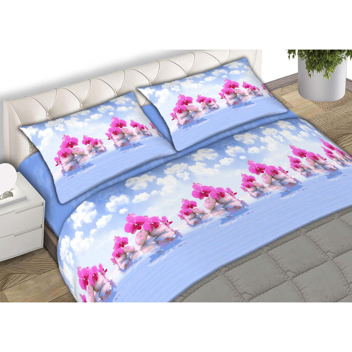 Completo Lenzuola 100% Cotone Floral Cloud Azzurro CN Misura Letto Matrimoniale