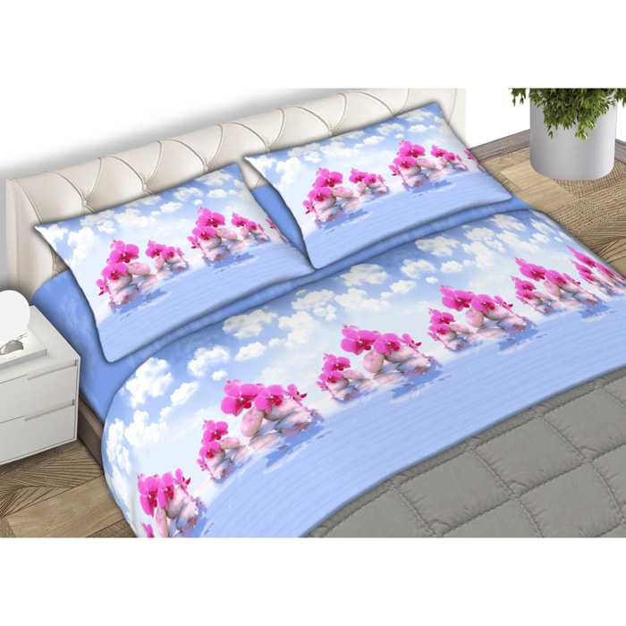 Completo Lenzuola 100% Cotone Floral Cloud Azzurro CN