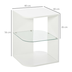 HOMCOM Mesita Auxiliar de Salón Moderna Mesilla de Noche con 3 Estantes Tablero de Cristal Mesita de Café para Sala de Estar Dormitorio 40x40x56 cm Blanco