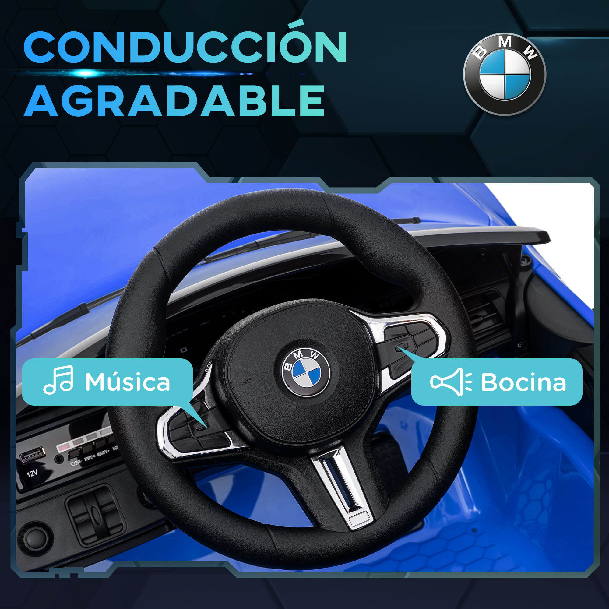 Coche Eléctrico para Niños BMW M4 Coche de Batería para Niños 12V con Mando a Distancia Faros Bocina Música Velocidad 3-5 km/h Cinturón de Seguridad Azul