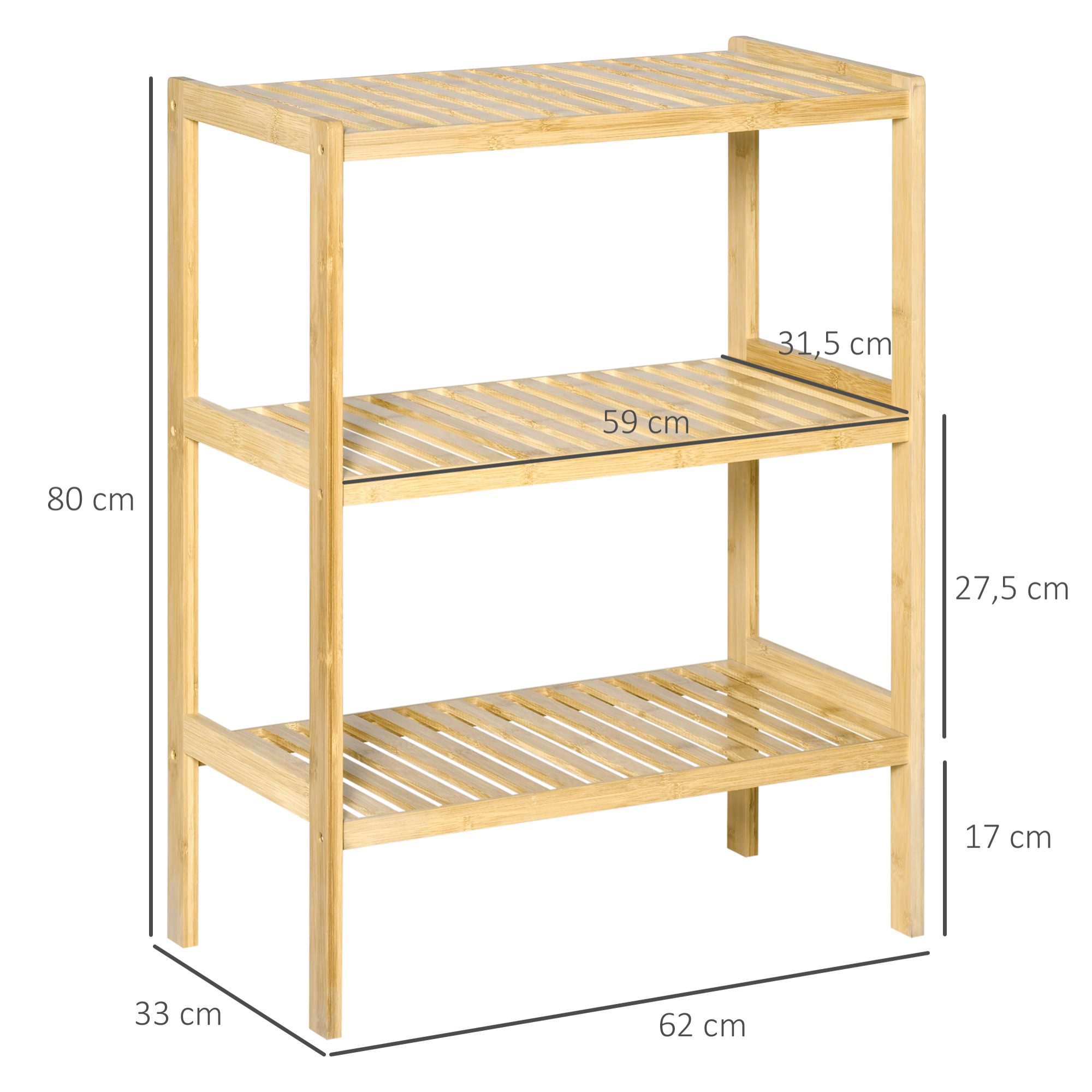 HOMCOM Estantería de Bambú de 3 Niveles Mueble Organizador Multifuncional para Baño Cocina Salón 62x33x80 cm Natural