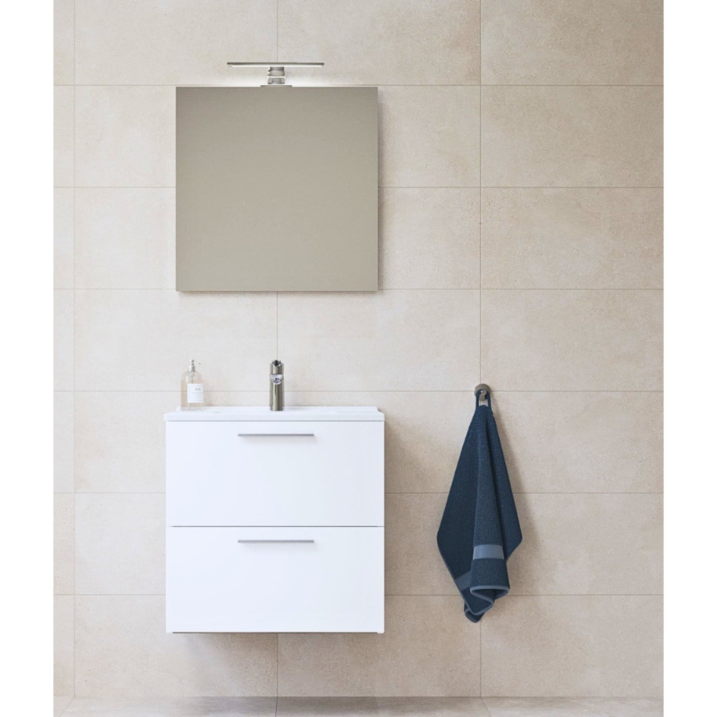 Mia ensemble meuble préassemblé 59x61x39,5 cm avec miroir, lavabo et éclairage LED, Blanc brillant (MIASET60B)