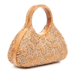 Avisio borsa a mano realizzata in legno naturale, cotone e juta con design a rete di tessuto floreale