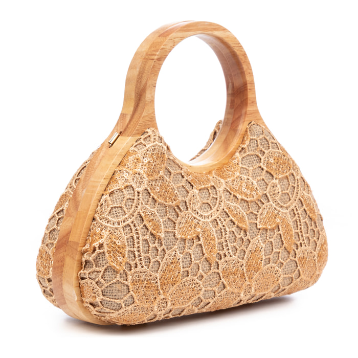 Avisio borsa a mano realizzata in legno naturale, cotone e juta con design a rete di tessuto floreale