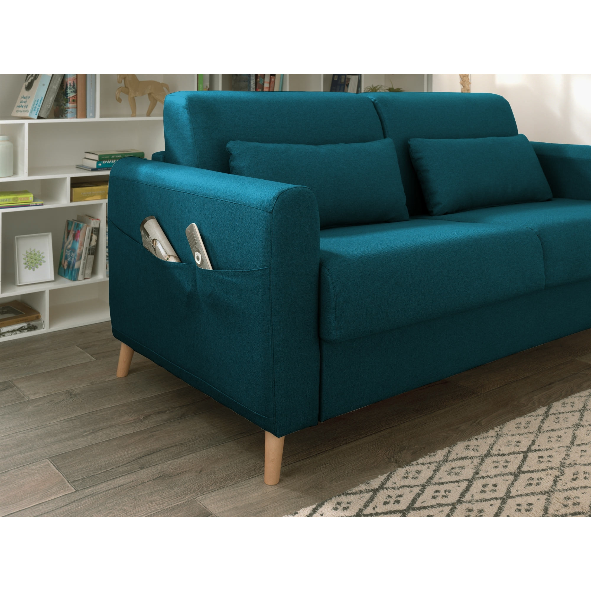 Timo - Canapé 3 places convertible - couchage quotidien - matelas 12 cm - en tissu - Bleu canard