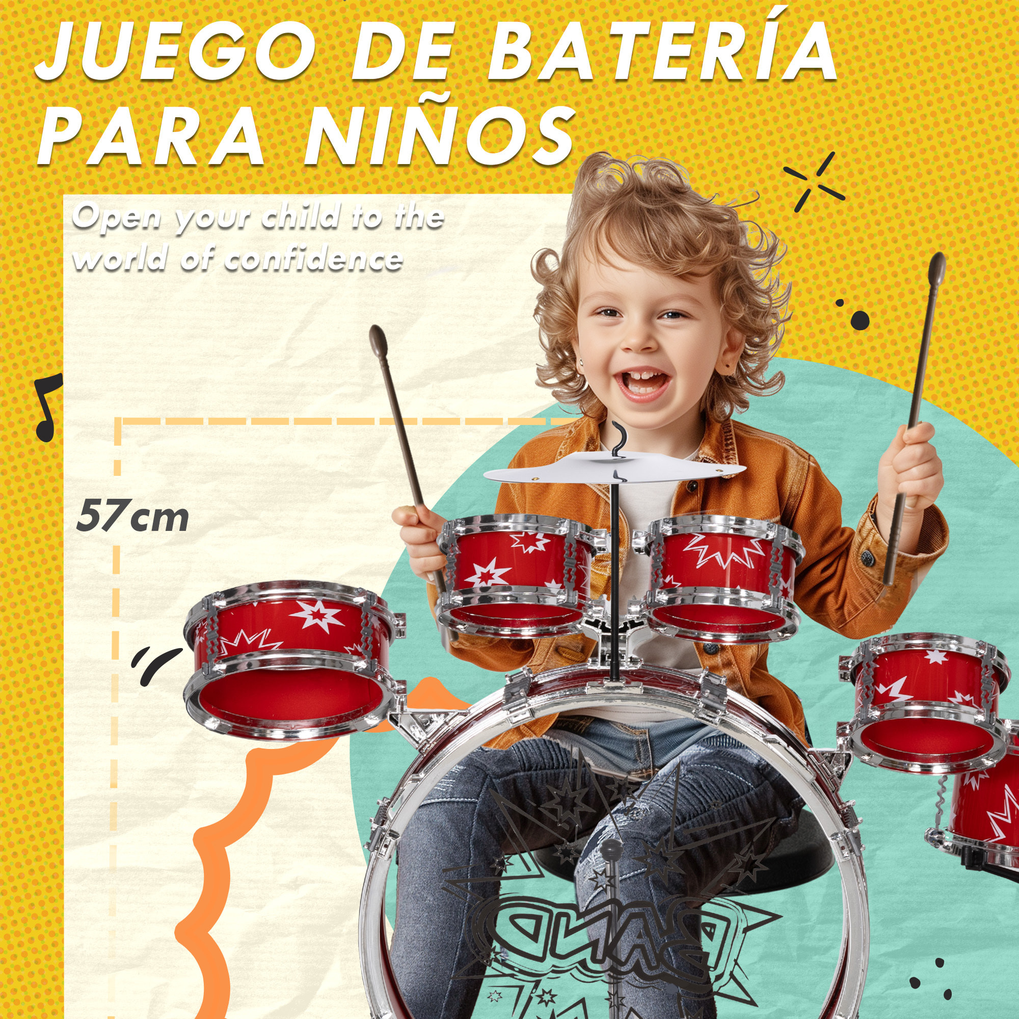 Batería Infantil con Taburete Batería para Niños de +3 Años con Tambores Bombo Platillo Pedal y Baquetas Diseño con Tema de Estrellas 65x22x57 cm Rojo