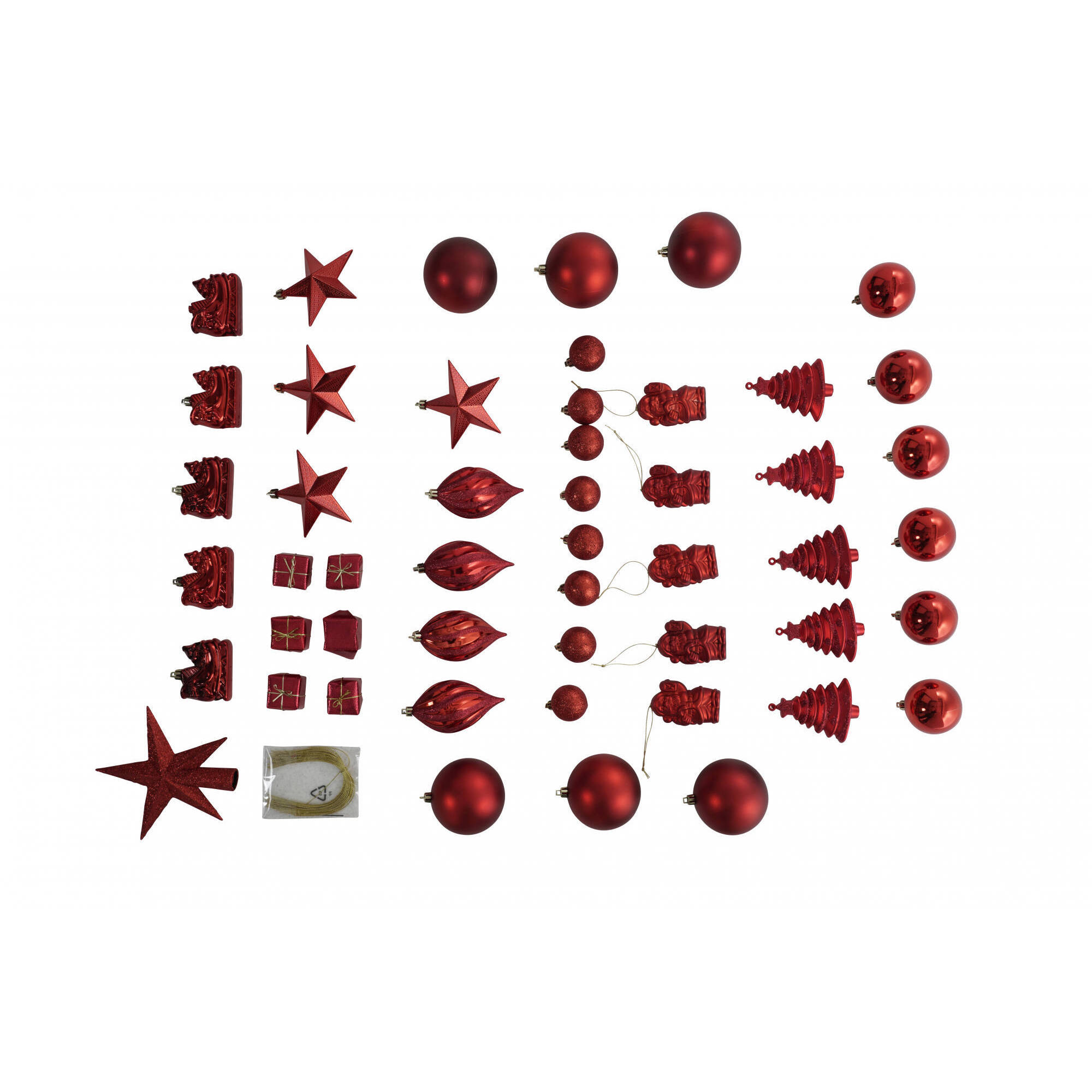 Box 50 pezzi decorazioni natalizie multi-forma, Ornamenti e puntale, Set assortimento palline di Natale, Scatola set albero di Natale, Da 4 a 10 cm, colore Rosso